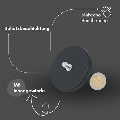 3 Stück Gummitopfmagnet Ø66?mm mit M8 Innengewinde – starker Neodym-Magnet mit Schutz