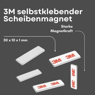 4 Stück 3M Selbstklebender Neodym-Magnet 30x10x1 mm – Superstarker Quadermagnet N42