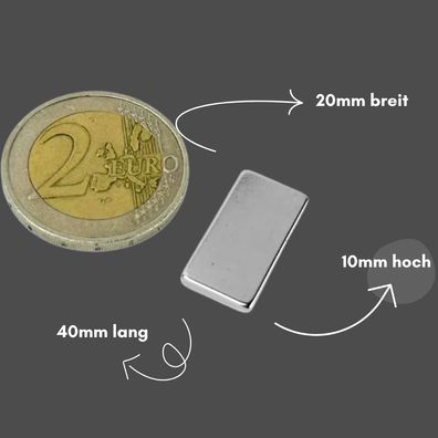 20 Stück Neodym Magnet 40mm x 20mm x 10mm - N42 Supermagnet - Quadermagnete - Hohe Ha