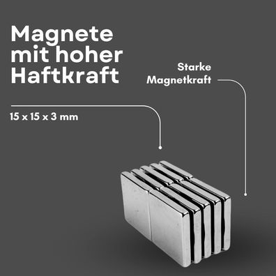 3 Stück Neodym Magnet 15mm x 15mm x 3mm - N42 Supermagnet - Quadermagnete - Hohe Haft
