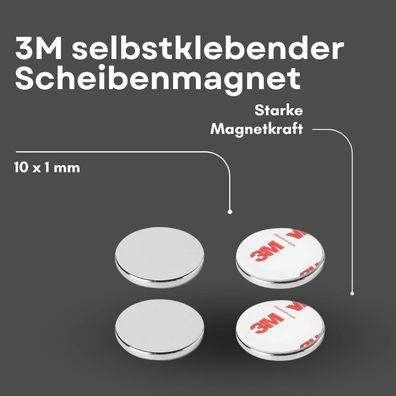 4 Stück 3M selbstklebend Scheibenmagnet Ø 10mm x 1mm Haftkraft 620 g
