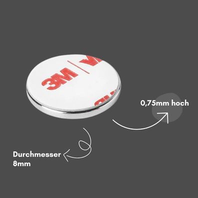 20 Stück 3M selbstklebend Scheibenmagnet Ø 8mm x 0,75mm Haftkraft 370 g