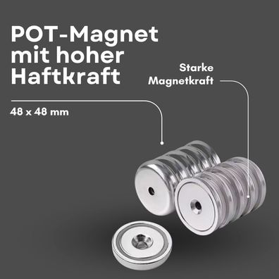 4 Stück Neodym Topfmagnet mit Senkbohrung Ø 48 mm – Haltekraft ca. 87 kg – Gewinde M6