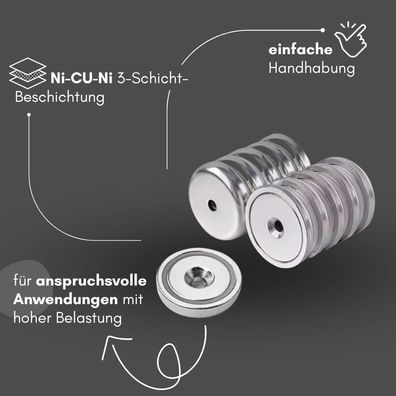 8 Stück Neodym Topfmagnet mit Senkbohrung Ø 48 mm – Haltekraft ca. 87 kg – Gewinde M6
