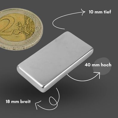 20 Stück Neodym Magnet 40mm x 18mm x 10mm - N38 Supermagnet - Quadermagnete - Hohe Ha