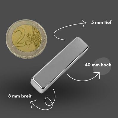 20 Stück Neodym Magnet 40mm x 8mm x 5mm - N38 Supermagnet - Quadermagnete - Hohe Haft