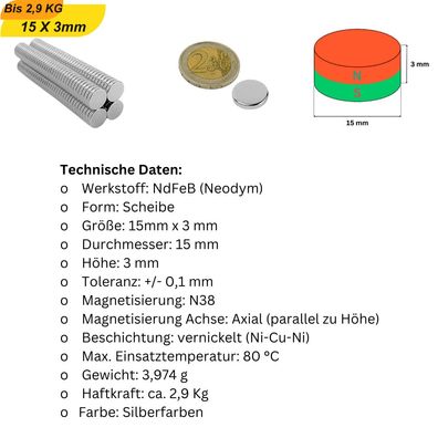 500 Stück Neodym Magnet Ø 15mm x 3mm - Starker Scheibenmagnet - N38 Supermagnet - Hoh