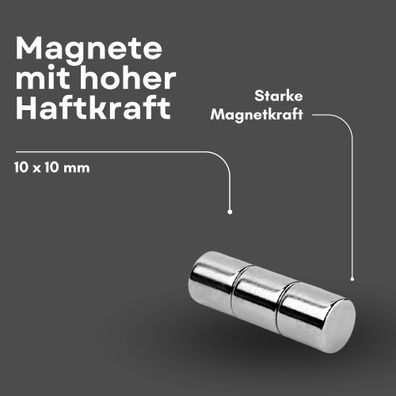 3 Stück Neodym Magnet Ø 10mm x 10mm - Starker Scheibenmagnet - N38 Supermagnet - Hohe