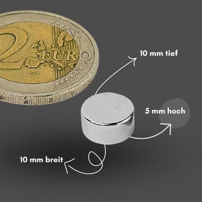 20 Stück Neodym Magnet Ø 10mm x 5mm - Starker Scheibenmagnet - N38 Supermagnet - Hohe