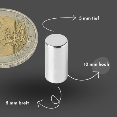 200 Stück Neodym Magnet Ø 5mm x 10mm - Starker Scheibenmagnet - N42 Supermagnet - Hoh