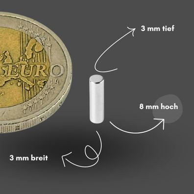 200 Stück Neodym Magnet Ø 3mm x 8mm - Starker Scheibenmagnet - N42 Supermagnet - Hohe
