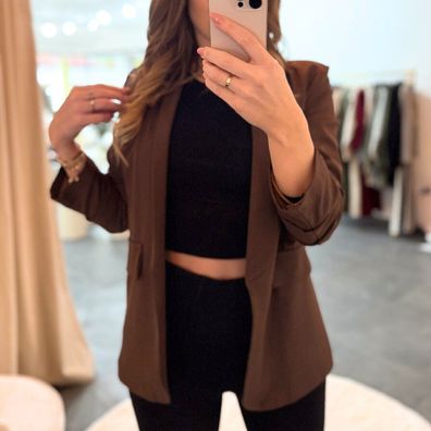 Damen Blazer Annika Braun One Size (XS-XL) Ärmel mit Raffungen Elegant Frauen