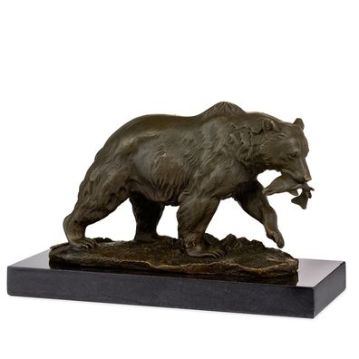 Bronzefigur Bär mit Fisch Grizzlybär Skulptur massiv 20x8,4x12 cm Dekofigur aus Bronz