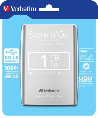 Verbatim Tragbare Festplatte – 1TB Speicher, USB 3.0, Kompakt in Silber