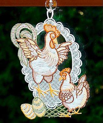 Fensterbild Ostern Plauener Spitze Hahn Henne Osterdekoration Orange 22 cm