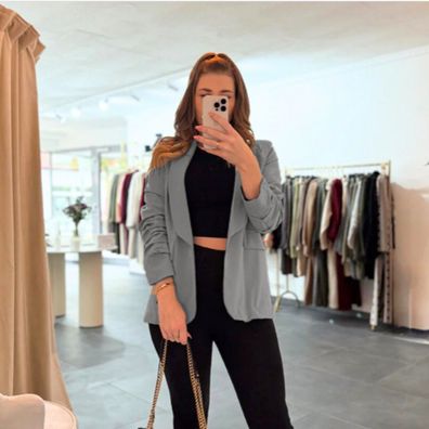 Damen Blazer Annika hellgrau One Size (XS-XL) Ärmel mit Raffungen Elegant Frauen