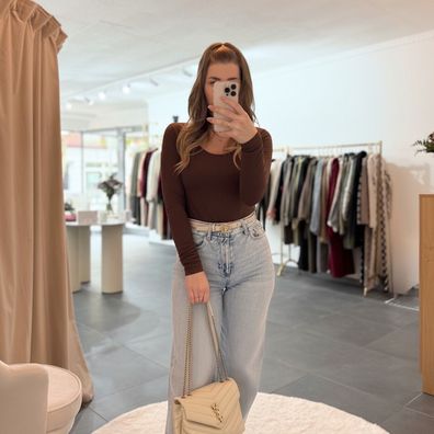 Body U-Boot-Ausschnitt Karla Braun Druckknopf Onesize (XS-XL) elegant Shirt Frau