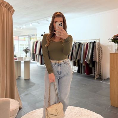 Body U-Boot-Ausschnitt Karla Khaki Druckknopf Onesize (XS-XL) elegant Shirt Frau