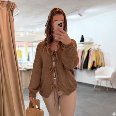 Damen Strickjacke Cardigan mit Schleifen Sophia braun, Onesize (XS-XL) Frauen