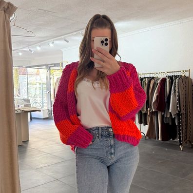 Chunky Cardigan Strickjacke Damen Leila Pink-Orange Onesize Frau Grobstrickjacke