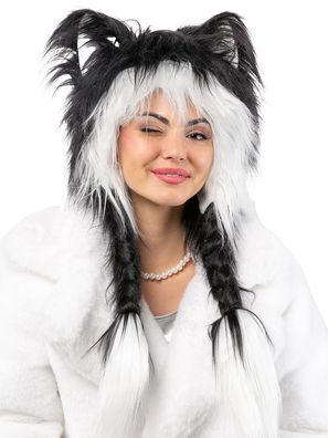 Plüschmütze Katze struppig, schwarz weiß
