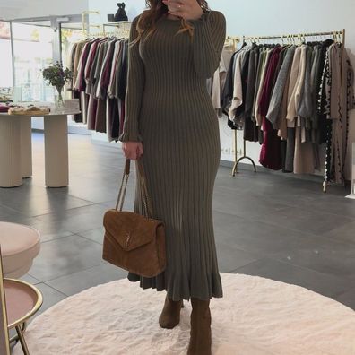 Strickkleid Damen Langes Kleid Katja Olivgrün Onesize XS-XL langarm Damenkleid Frau