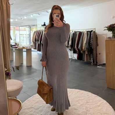 Strickkleid Damen Langes Kleid Katja Grau Onesize XS-XL langarm Damenkleid Frau
