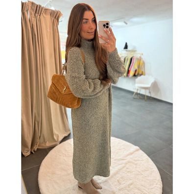 Strickkleid Damen Langes Kleid JANA khaki Onesize XS-XL langarm Damenkleid Frau