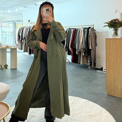 Langer Jeans Trenchcoat JOLINA Olivgrün Damen Jacke OneSize XS-XL Trench Coat Frauen