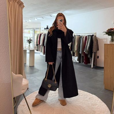 Langer Frauen Mantel PIA Schwarz Damen Wintermantel OneSize 125-130cm Winterjack