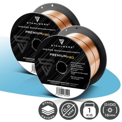 Stahlwerk Schweißdraht MIG/MAG Ø 0,8mm Stahl SG2 ER70S-6 1 kg Drahtrolle 2er Set