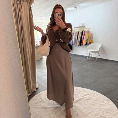 Satinrock Damen "Lou" Braun langer Rock Frauen Röcke Damenrock Onesize (XS-XL)