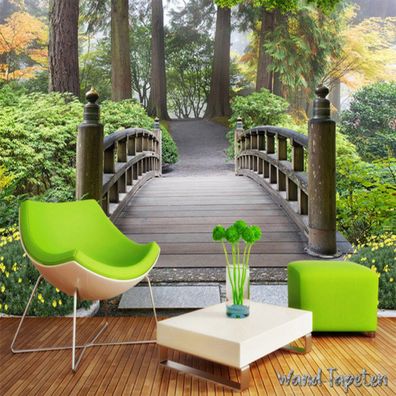 Vlies Fototapete Wandtapete Wandbilder 3D Holzbrücke in einem Gartenpark 4141