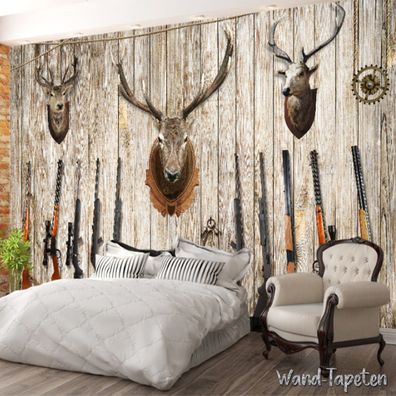 Vlies Fototapete Wandtapete Wandbilder Hirschkopf Jagdgewehr Retro 4144