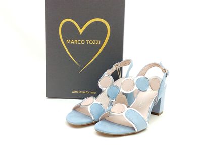 Marco Tozzi Damen Sandalette 6,5 cm Blockabsatz asymetrischen Riemchen hellblau kombi