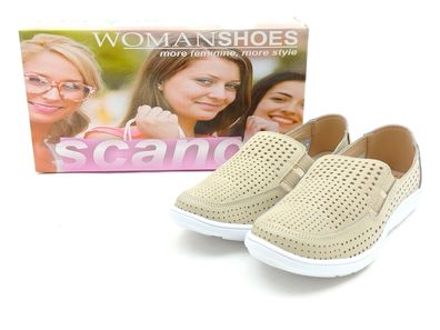 scandi Damen Slipper mit Lochmuster beige weiße Laufsohle