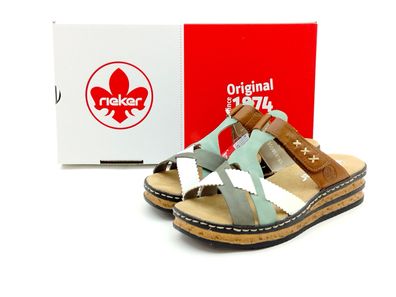Rieker Damen Pantolette mit Klettverschluss braun grün weiß