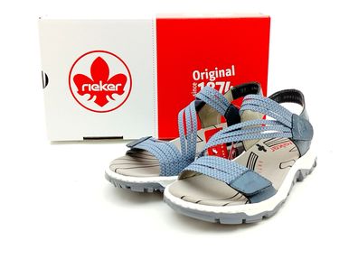Rieker Damen sportliche Sandale mit Stretchklettverschluss blau weiß kombiniert