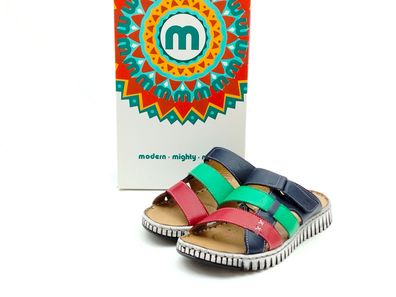 Manitu Damen Riemen Pantolette mit Klettverschluss blau grün rot