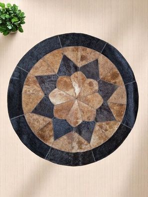 Patchwork Kuhfell Teppich – Floral & Rund – Echtfell, handgefertigt & pflegeleicht