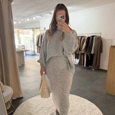 Zweiteiler Set Damen Josephine Hellgrau Frauen Pullover & Rock Set Onesize XS-XL