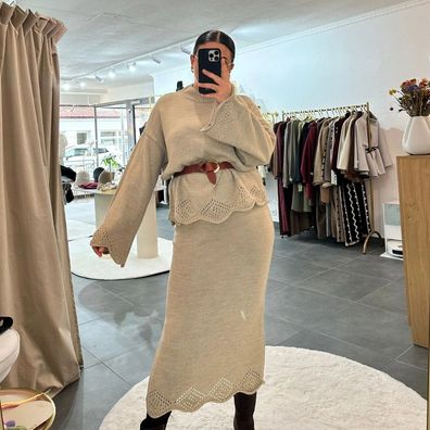 Zweiteiler Set Damen Lorena Beige Frauen Oberteil & Rock set Onesize XS-XL Frau