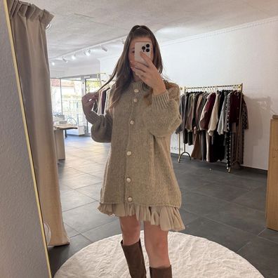 Damen Oversize Strickjacke Amanda Beige, Onesize XS-XL, Frauen Strick Jacke Frau