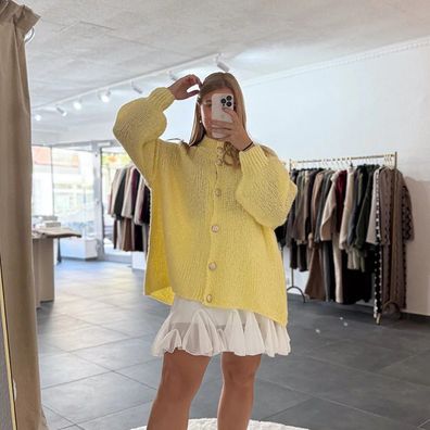 Damen Oversize Strickjacke Amanda Gelb, Onesize XS-XL, Frauen Strick Jacke Frau