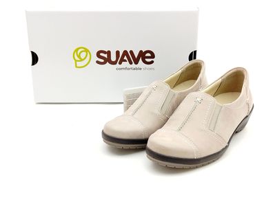 Suave Damen Leder Slipper mit Gummizug kleiner Keil Wechselfußbett beige