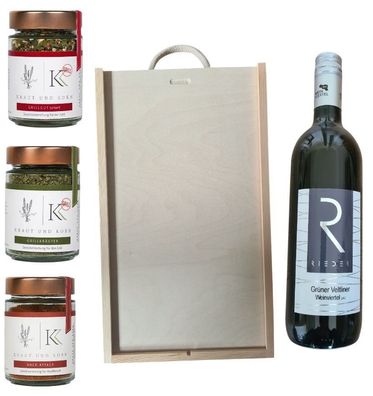 Geschenk Holzbox mit Grillgut Grillkräuter Hack Attack und Wein grüner Veltliner