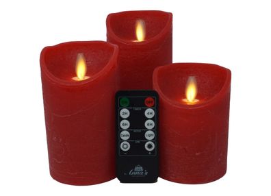 LED Echtwachskerze 3 Stück Rot flackernd 7,5 x 10/12,5/15 cm Fernbedienung Stumpen