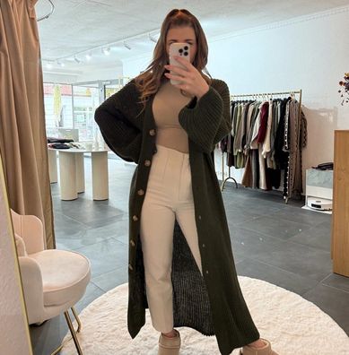 Strickjacke Long Damen Lena Dunkelgrün Onesize XS-XL Frauen Langer Strick Jacke