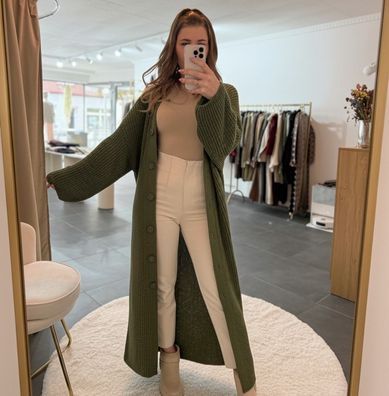 Strickjacke Long Damen Lena Olivgrün Onesize XS-XL Frauen Langer Strick Jacke