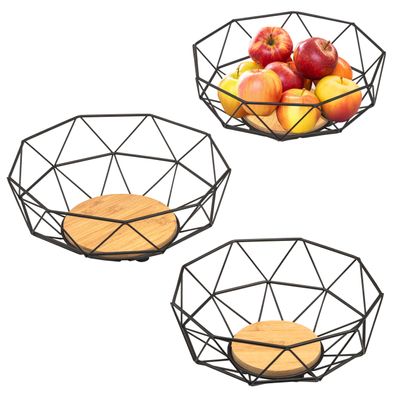 eluno Obstkorb, Hängekorb Küchenampel mit 3 Etagen aus schwarzem Metall & Bambus